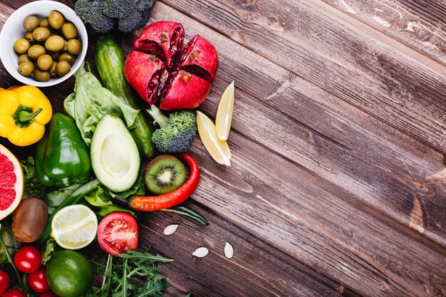 Fresh and healthy food. Avocabo, brussel sprouts, cucumbers, red, yellow and green peppers