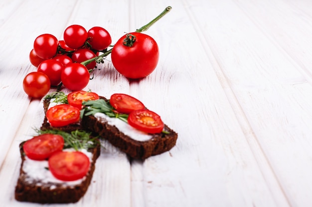 Fresh and healthy food. Snack or lunch ideas. Homemade bread with cheese 