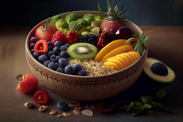 Fresh healthy fruit bowl with blueberries and strawberries generative AI