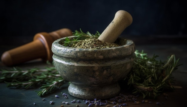 Fresh herb seasoning in rustic wood bowl generated by ai