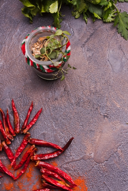 Fresh herbs and chili