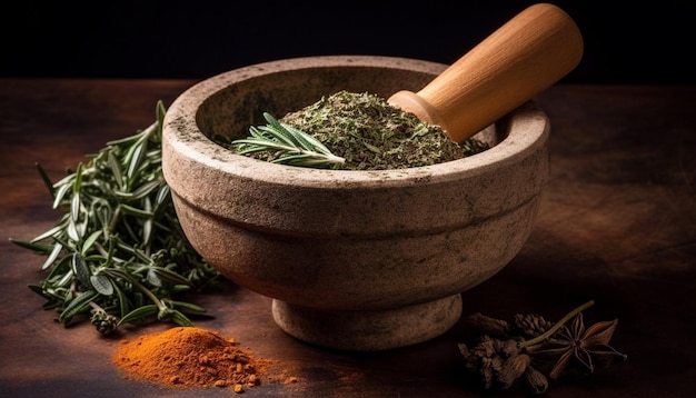 Fresh herbs and spices ground for seasoning generated by AI