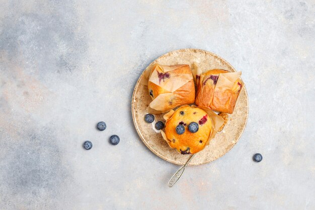 Fresh homemade delicious blueberry muffins.