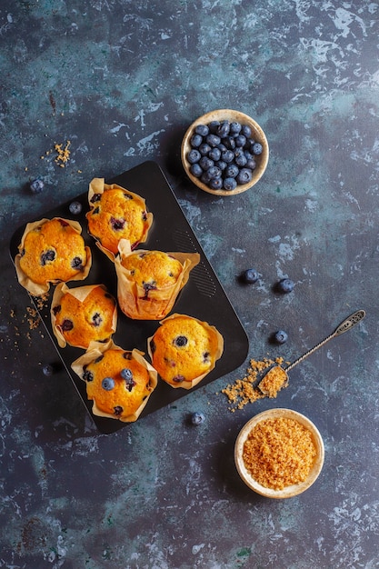 Fresh homemade delicious blueberry muffins.