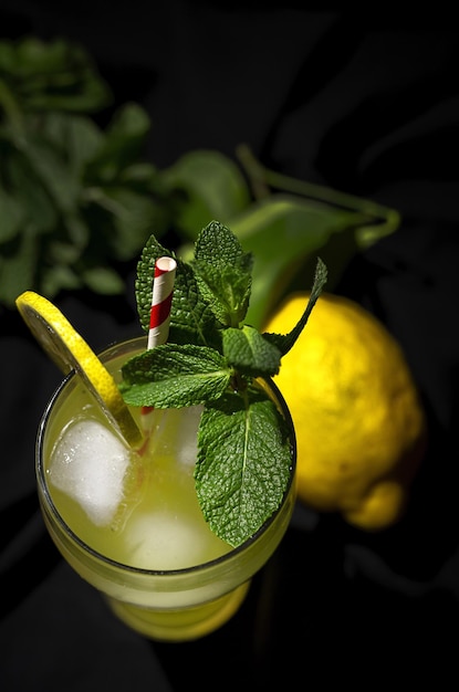 Свежий домашний коктейль из лимонада или мохито с лимонной мятой и льдом на темном фоне Premium Фотографии