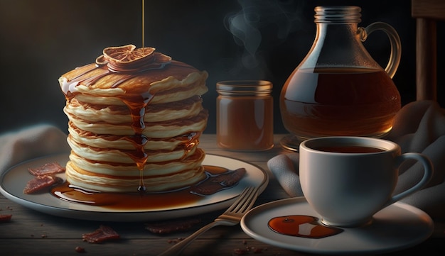 Free photo fresh homemade pancakes on rustic wood plate generative ai