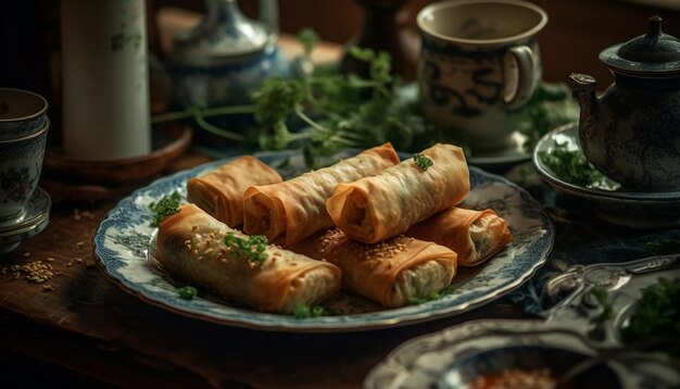 Free photo fresh homemade spring rolls on rustic crockery ready to eat appetizer generated by ai