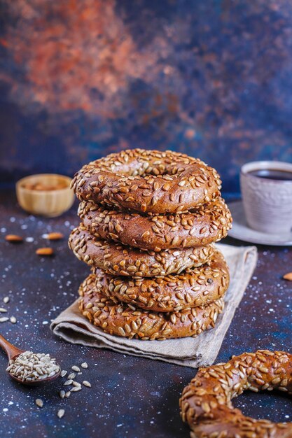 Fresh homemade sunflower seed bagels.