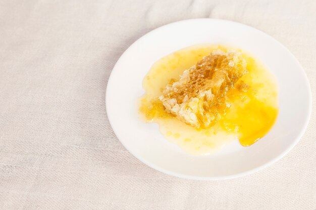 Fresh honeycomb on white ceramic plate over table cloth