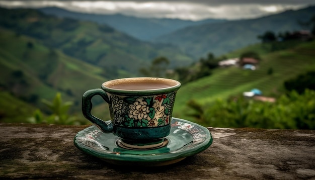 Foto gratuita caffè caldo fresco su tavolo di legno all'aperto generato da ai