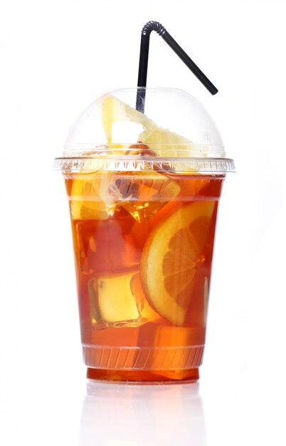 Fresh ice tea in plastic glass