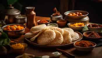 Foto gratuita pasto indiano fresco su piatto di stoviglie in legno generato dall'intelligenza artificiale