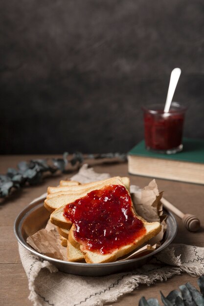 Fresh juicy homemade jam on bread high view