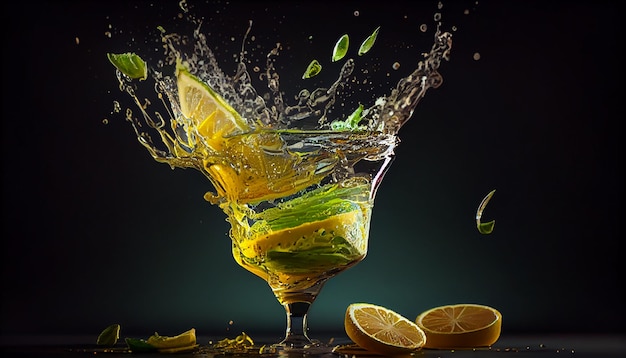 Fresh lemon cocktail splashing on black background generative AI