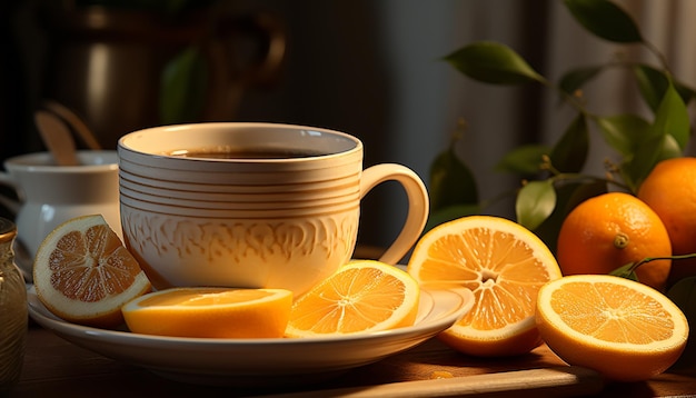 Free photo fresh lemon slice in hot tea on wooden table generated by artificial intelligence