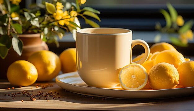 Free photo fresh lemon slice on wooden table refreshing summer drink generated by artificial intelligence