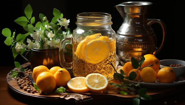 Fresh lemonade on a rustic wooden table perfect for summer generated by artificial intelligence