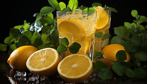 Foto gratuita limonata fresca con ghiaccio alla menta e una fetta di agrumi generata dall'intelligenza artificiale