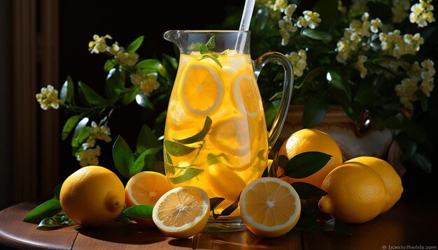 Fresh lemonade on a wooden table a refreshing summer drink generated by artificial intelligence