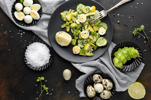 Fresh meal with dark tableware