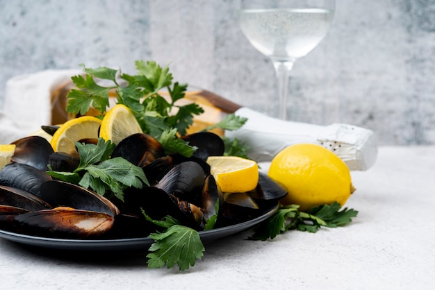 Fresh mediterranean mussels and champagne