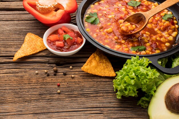 Fresh mexican food with dip on the table