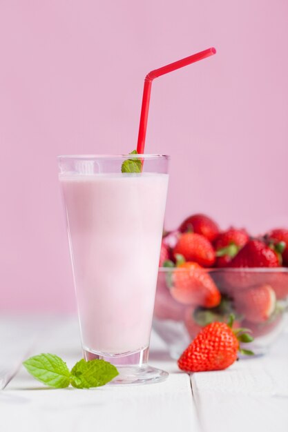 Fresh milk shake on wood