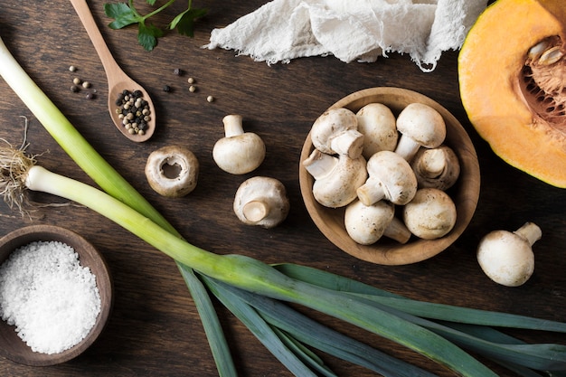 Fresh mushrooms arrangement top view