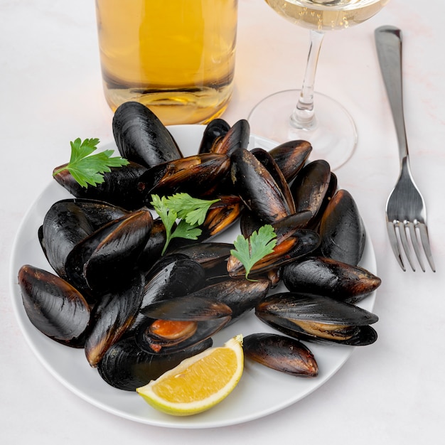 Fresh mussels on plate