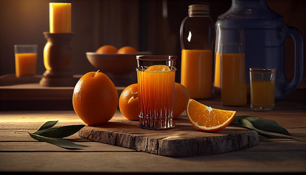 Free photo fresh orange slice on wooden table with drink generative ai