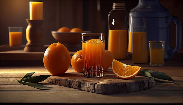음료 생성 AI가 있는 나무 테이블에 신선한 오렌지 슬라이스