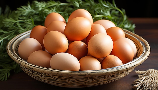 Свежие органические яйца - здоровая еда из природы, созданная искусственным интеллектом.