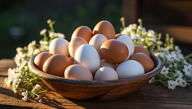 Fresh organic eggs on rustic wooden table nature healthy protein generated by artificial intelligence