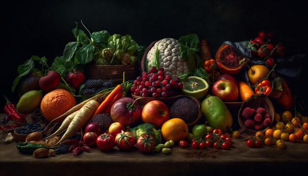 Fresh organic fruit and vegetable collection on table generated by AI