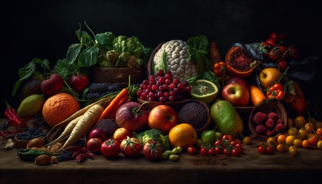 Коллекция свежих органических фруктов и овощей на столе, созданная AI