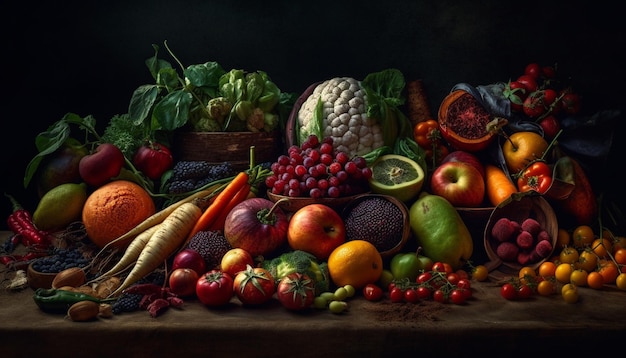 Fresh organic fruit and vegetable collection on table generated by AI
