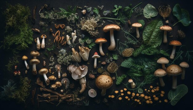 Fresh organic fungi collection on autumn forest table generated by AI