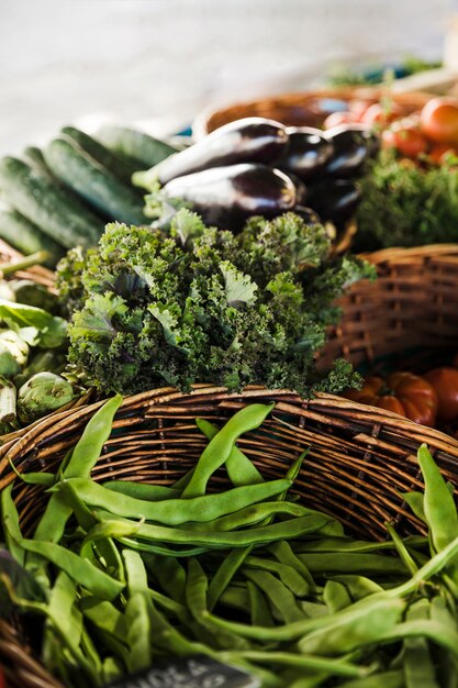 Fresh organic healthy vegetable stall at farmers market