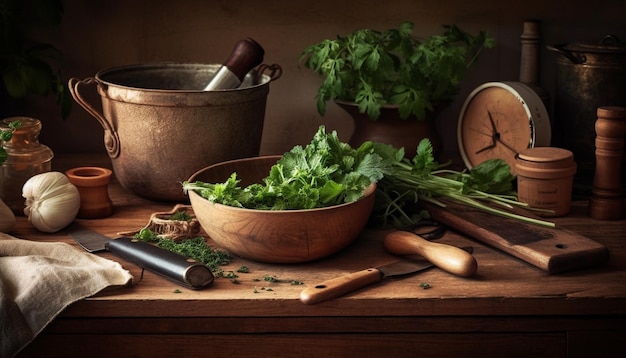 Free photo fresh organic herbs and vegetables for healthy cooking and eating generated by ai