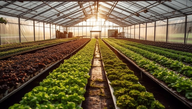 Fresh organic plant growth in modern greenhouse technology generated by AI