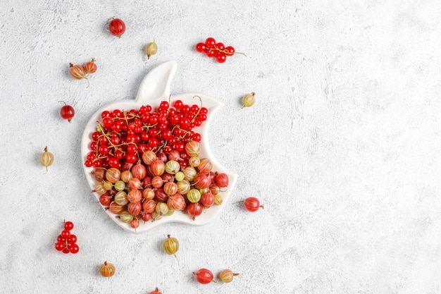 Fresh organic sweet gooseberries and red currant in bowls