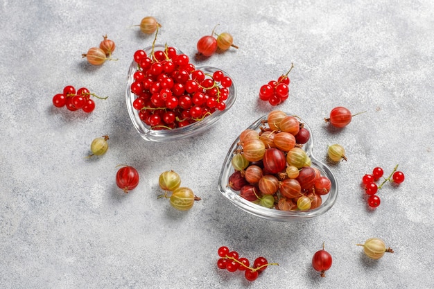 Fresh organic sweet gooseberries and red currants in bowls