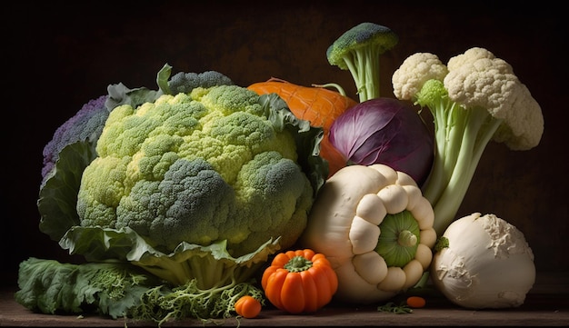 Fresh organic vegetables arranged on wooden table generative AI