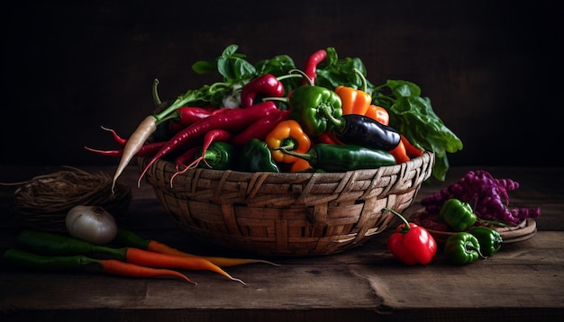 AI によって生成された木製テーブル上の素朴なバスケットに入った新鮮な有機野菜