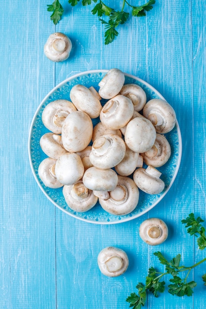 Fresh organic white mushrooms champignon,top view