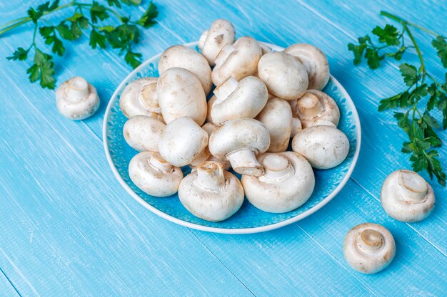 Fresh organic white mushrooms champignon,top view