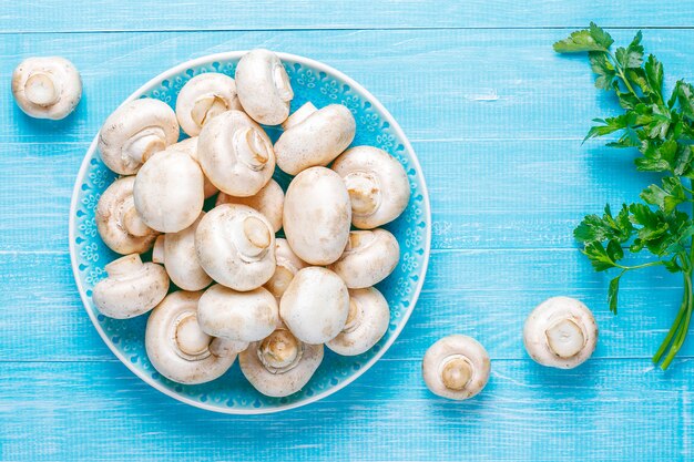 Fresh organic white mushrooms champignon