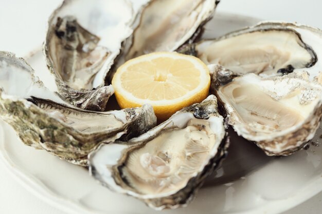 fresh oyster with lemon on a plate