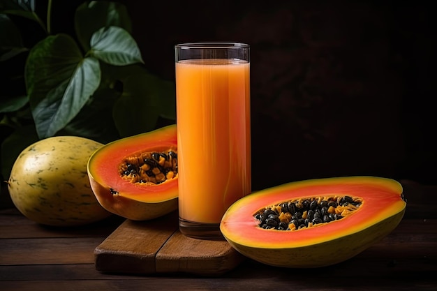 Fresh papaya juice in glass with papaya fruit on wooden table and black background Ai generative