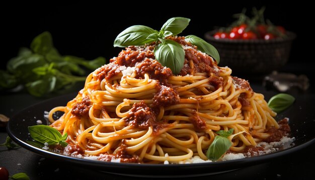 Foto gratuita pasta fresca con pomodoro in salsa bolognese e formaggio parmigiano generata da intelligenza artificiale